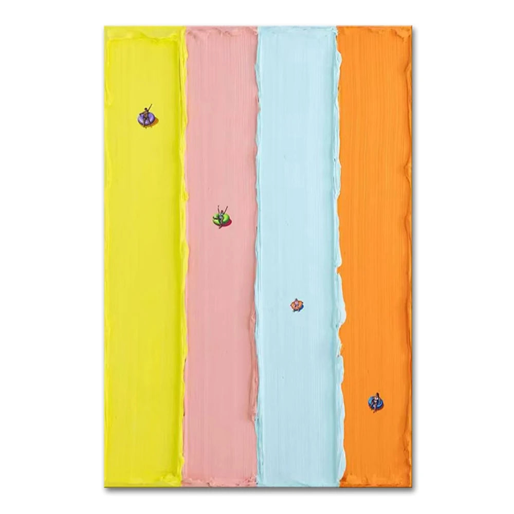 Colorful striped oil painting showing people going down a water slide with embroidered designs on a white background