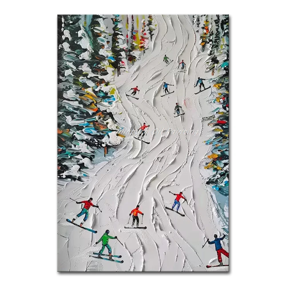 Poster Painting depiction of skiers on a snowy landscape with textured surface