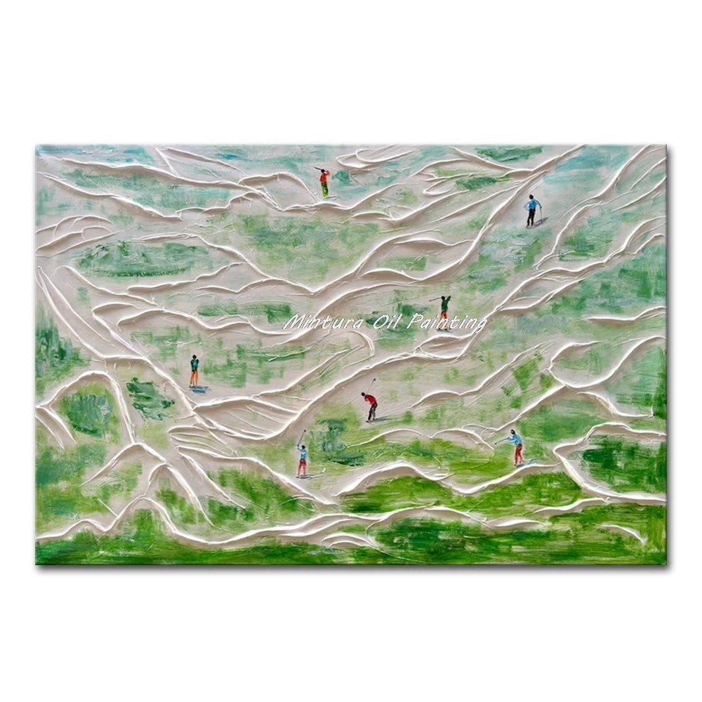 Oil painting of a golfers on a golfing couse with abstract patterns and figures.
