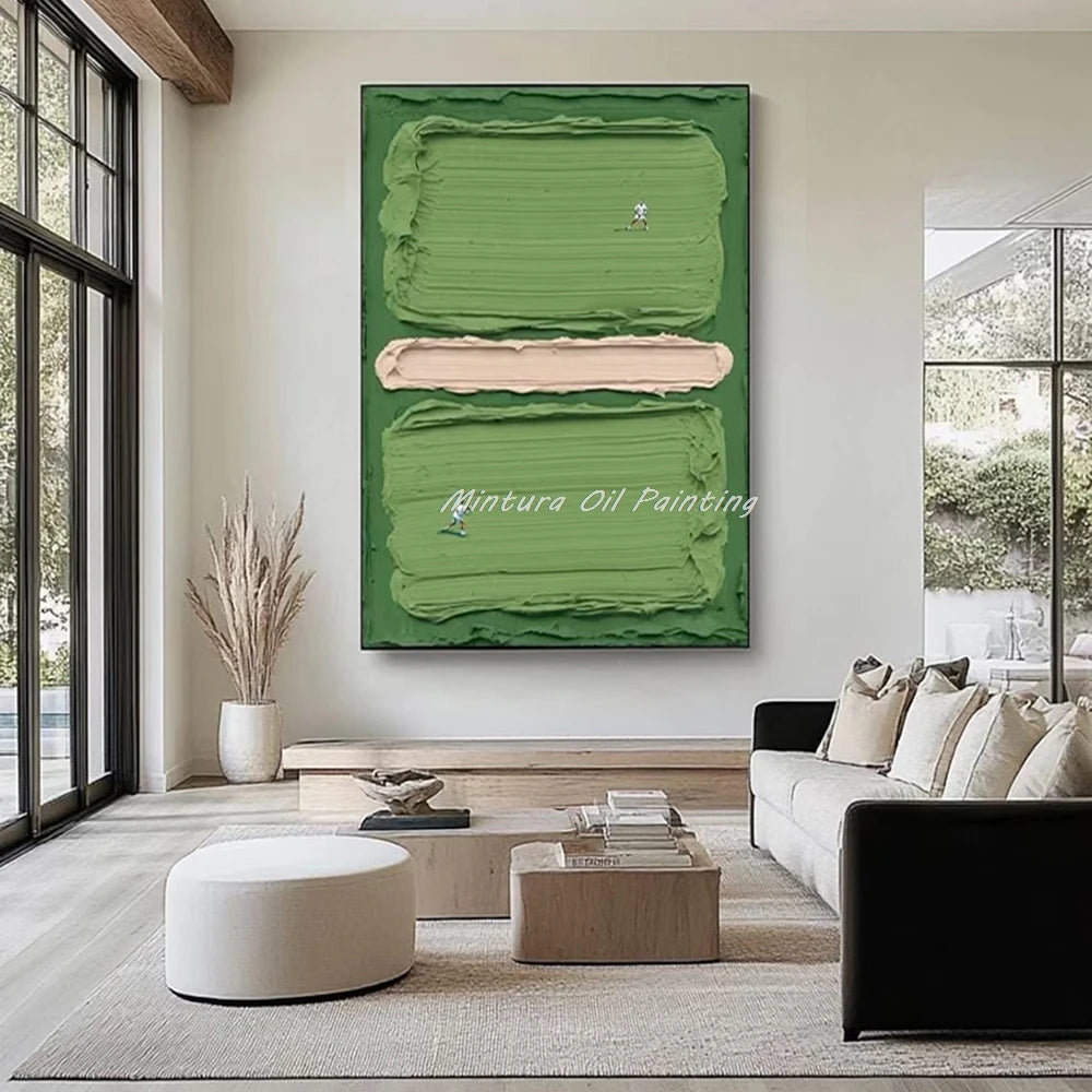 Modern living room with a large green abstract painting of a tennis game on the wall.