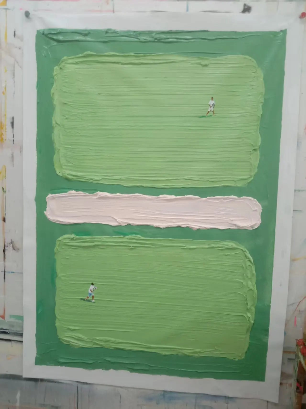 Large green painting with white rectangular shapes on a textured surface
