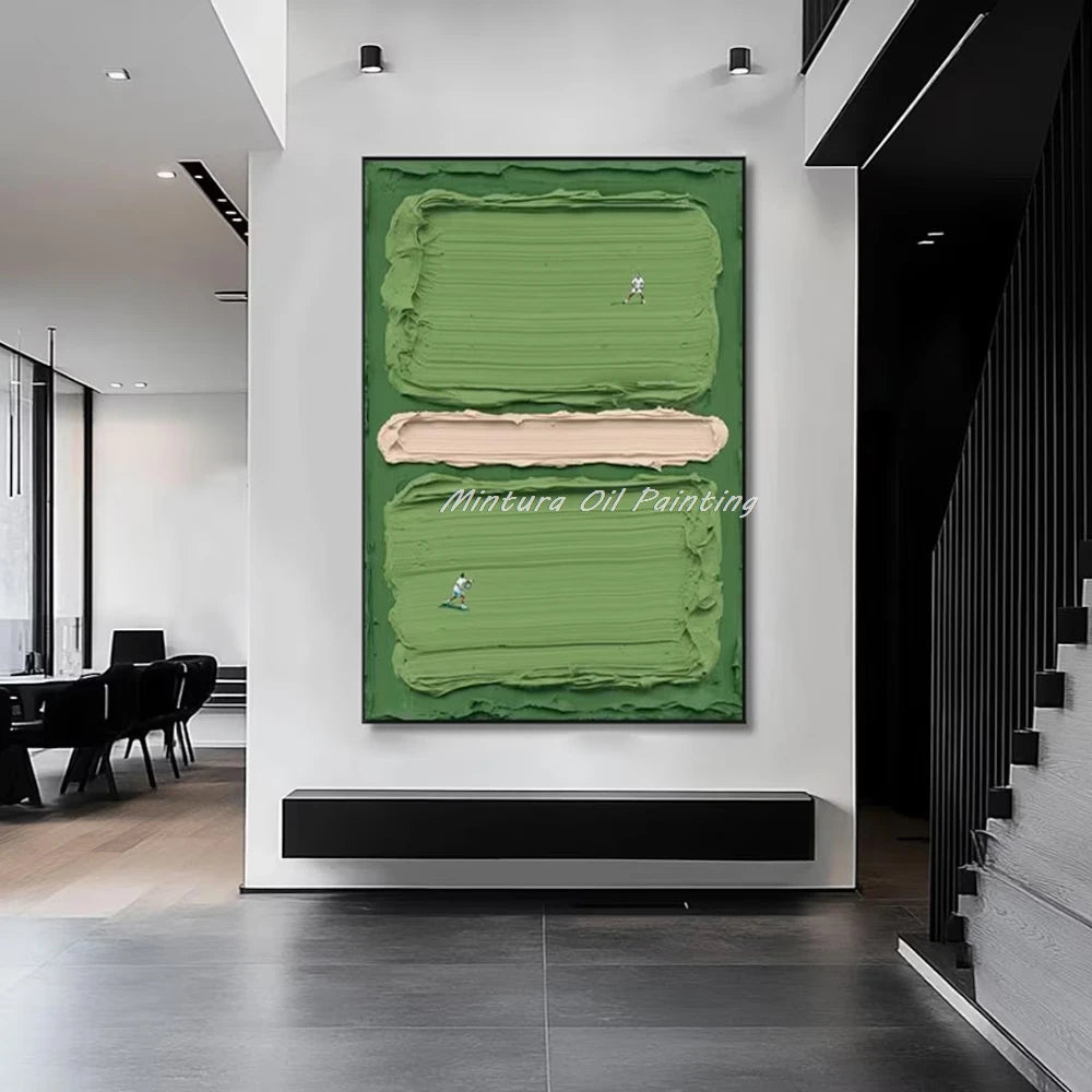 Modern interior with a large abstract green painting on a white wall.