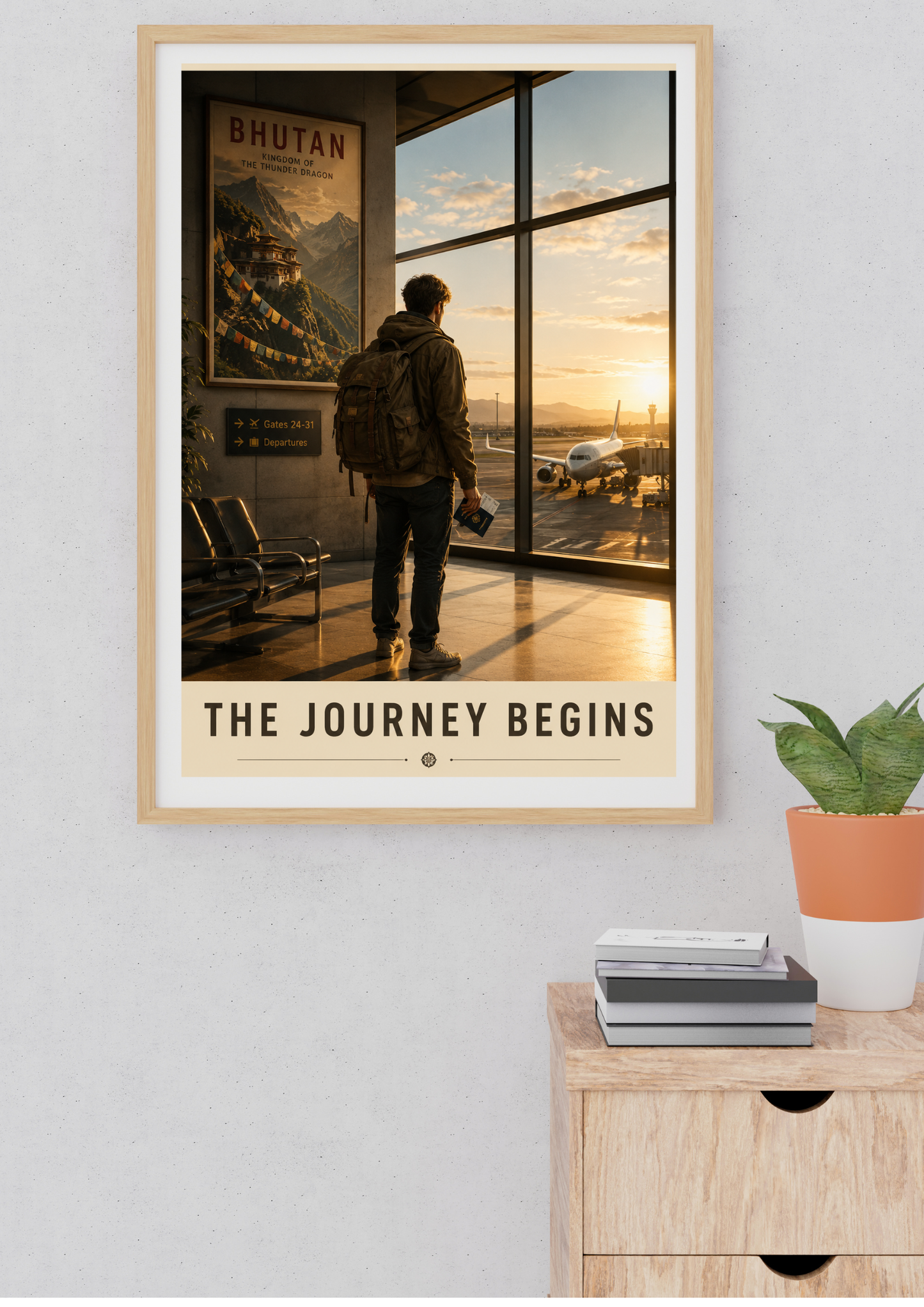 Poster of a person at an airport with 'The Journey Begins' text, framed on a wall above a wooden side table.
