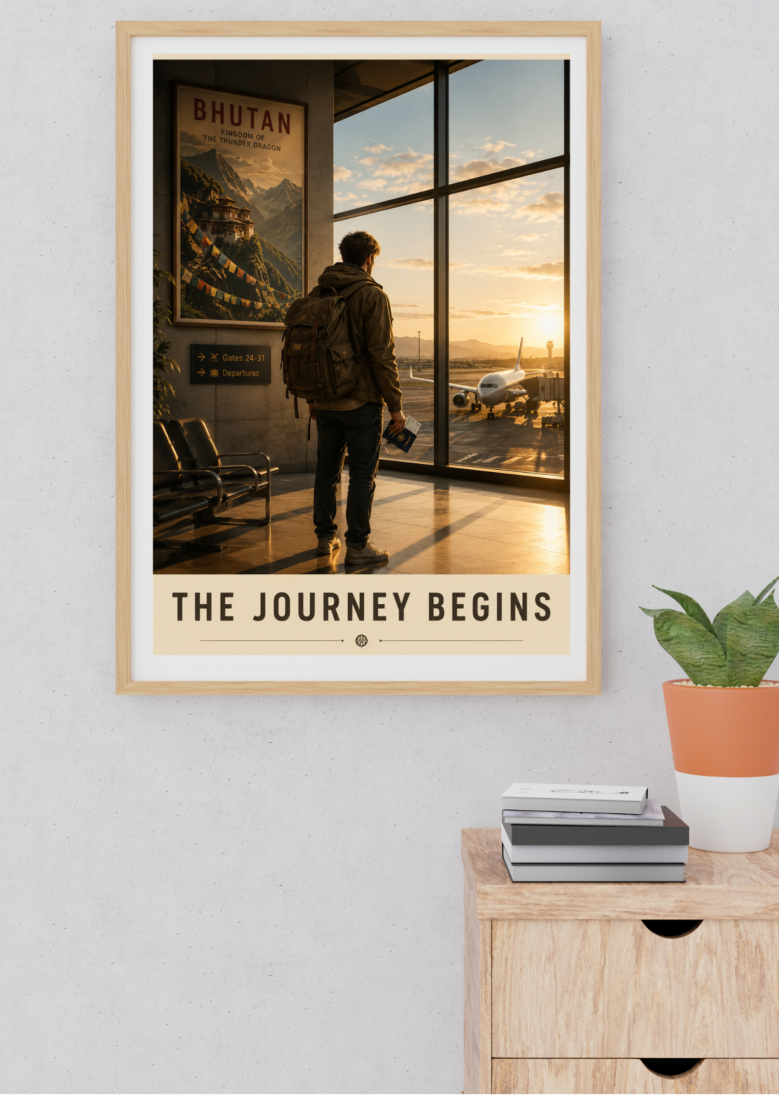 Poster of a person at an airport with 'The Journey Begins' text, framed on a wall above a wooden side table.
