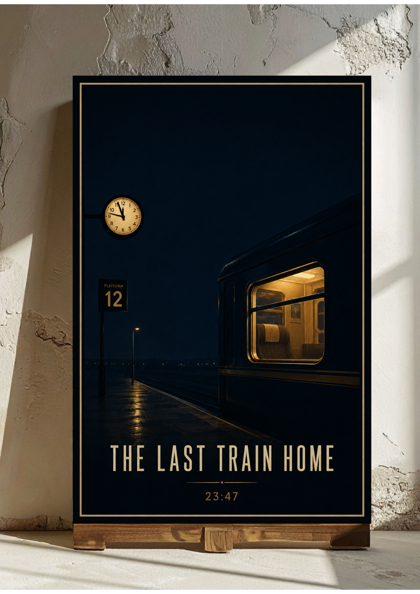 Poster of a train at a station with 'The Last Train Home' text, displayed on a textured wall.