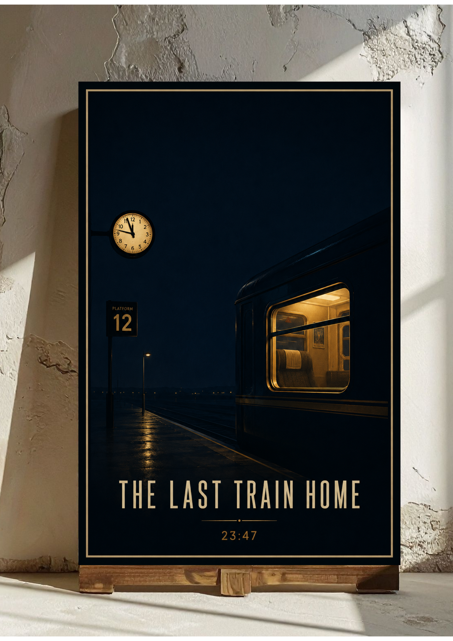 Poster of a train at a station with 'The Last Train Home' text, displayed on a textured wall.