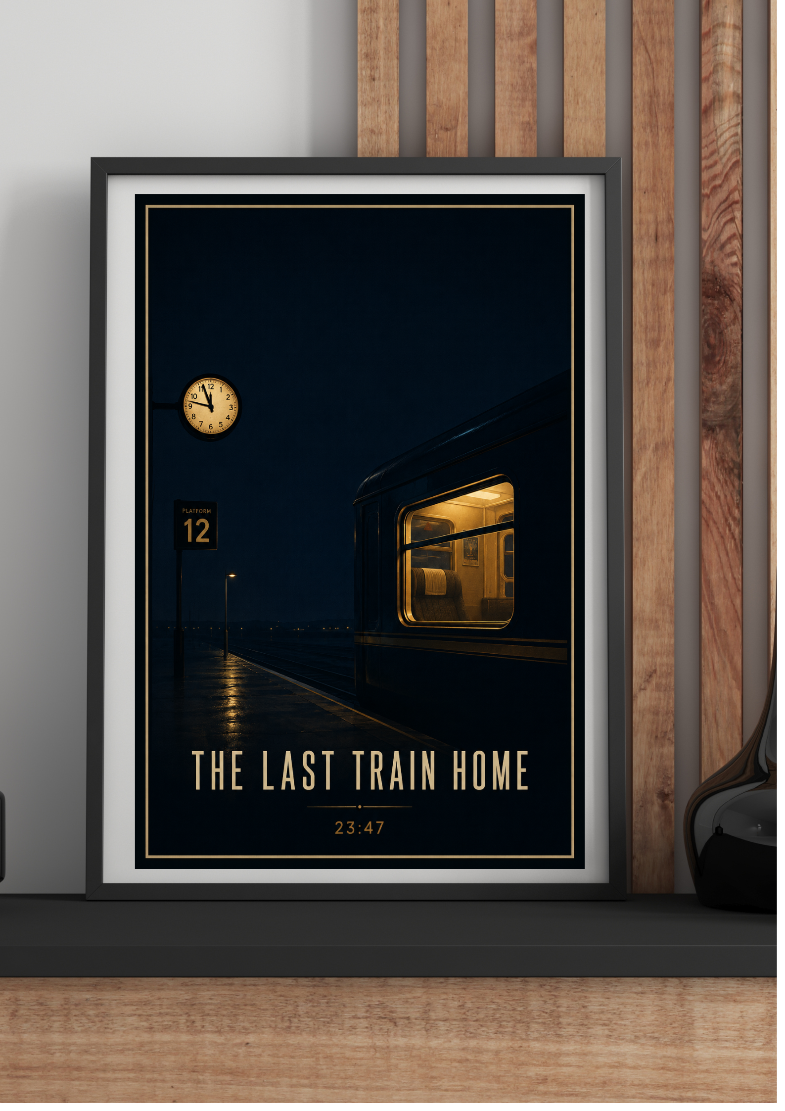 Framed poster titled 'The Last Train Home' with a train and clock design on a wooden shelf.