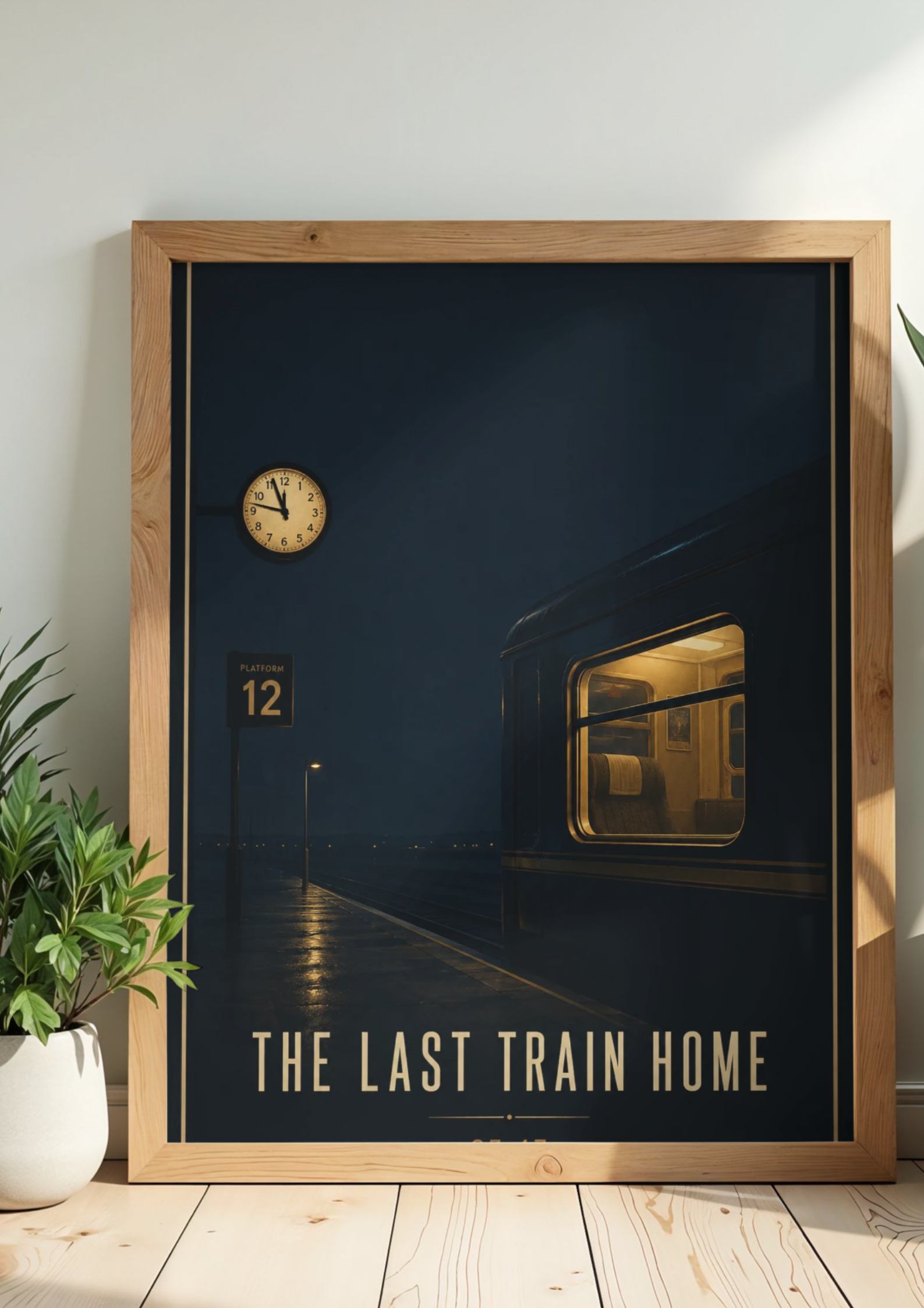 Framed poster of a train at a station with 'The Last Train Home' text, placed on a wooden floor.