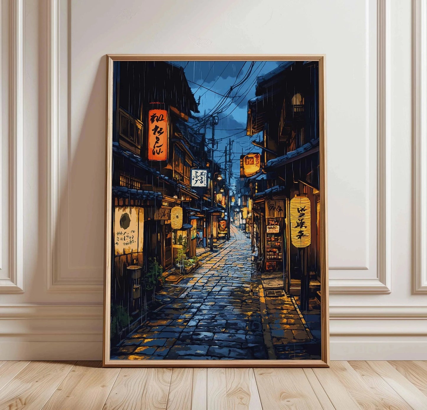 Framed artwork of a Japanese street scene with illuminated signs on a wall.