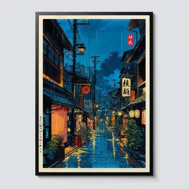 Framed artwork of a Japanese street scene at night with traditional architecture and lanterns.