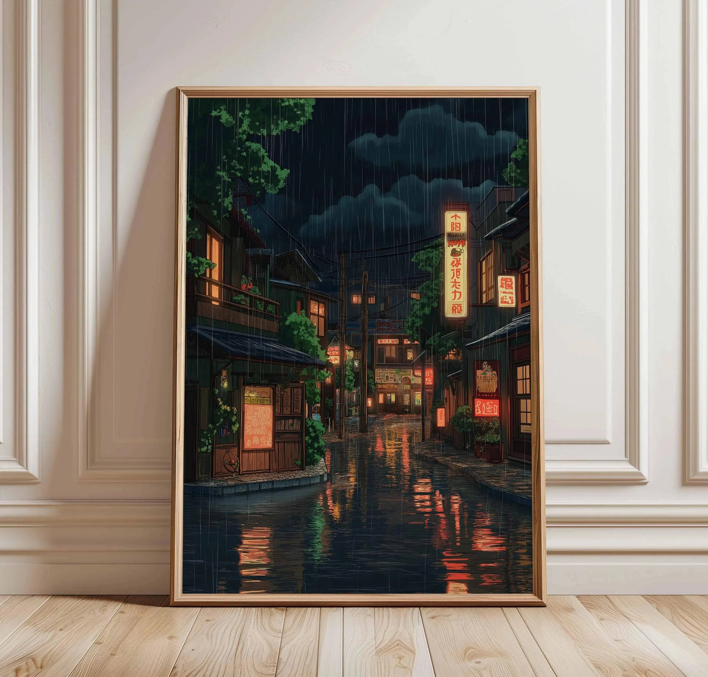 Framed artwork of a rainy street scene with illuminated signs on a wall.