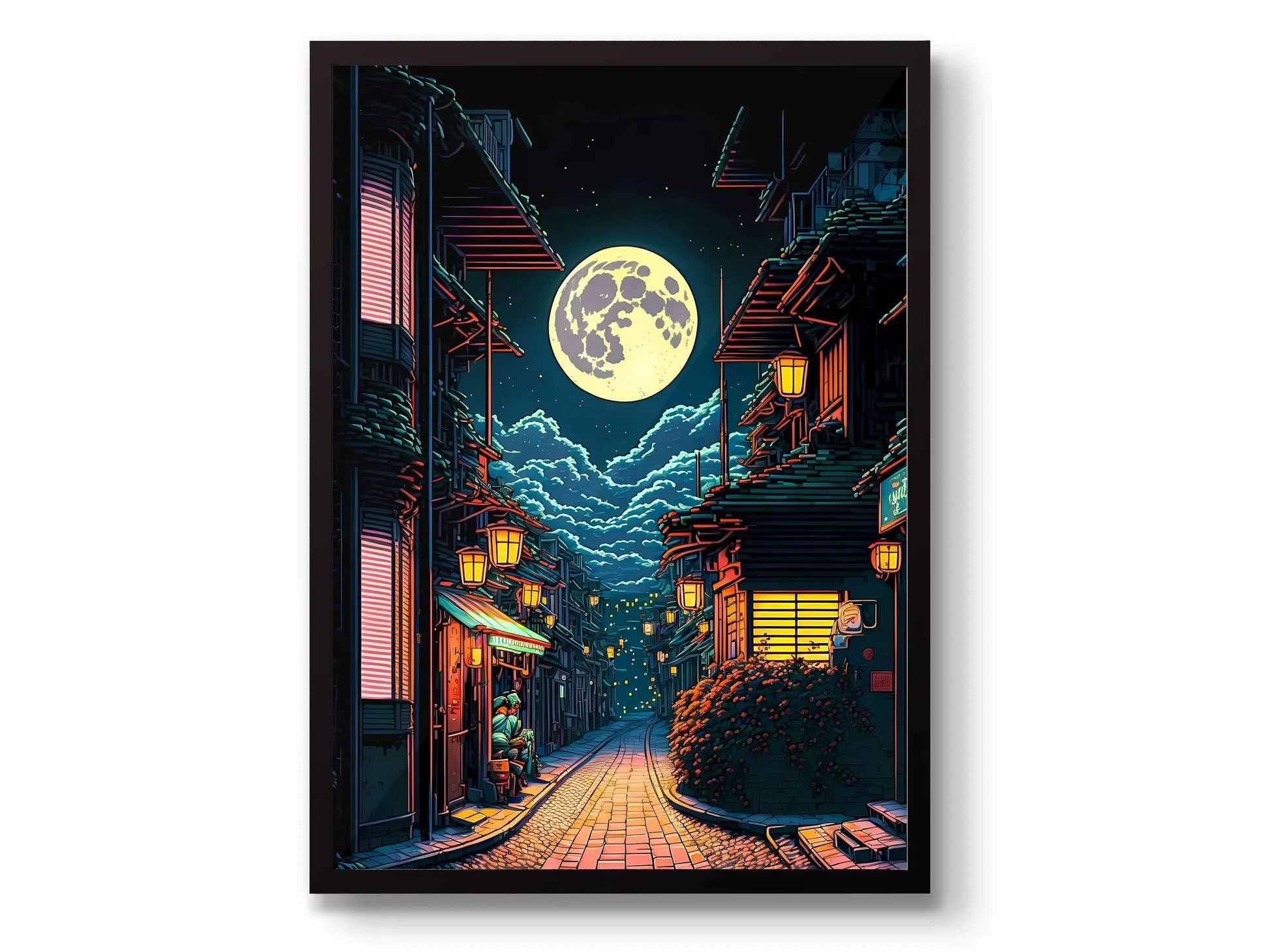 Framed artwork of a stylized Japanese street at night with a full moon.