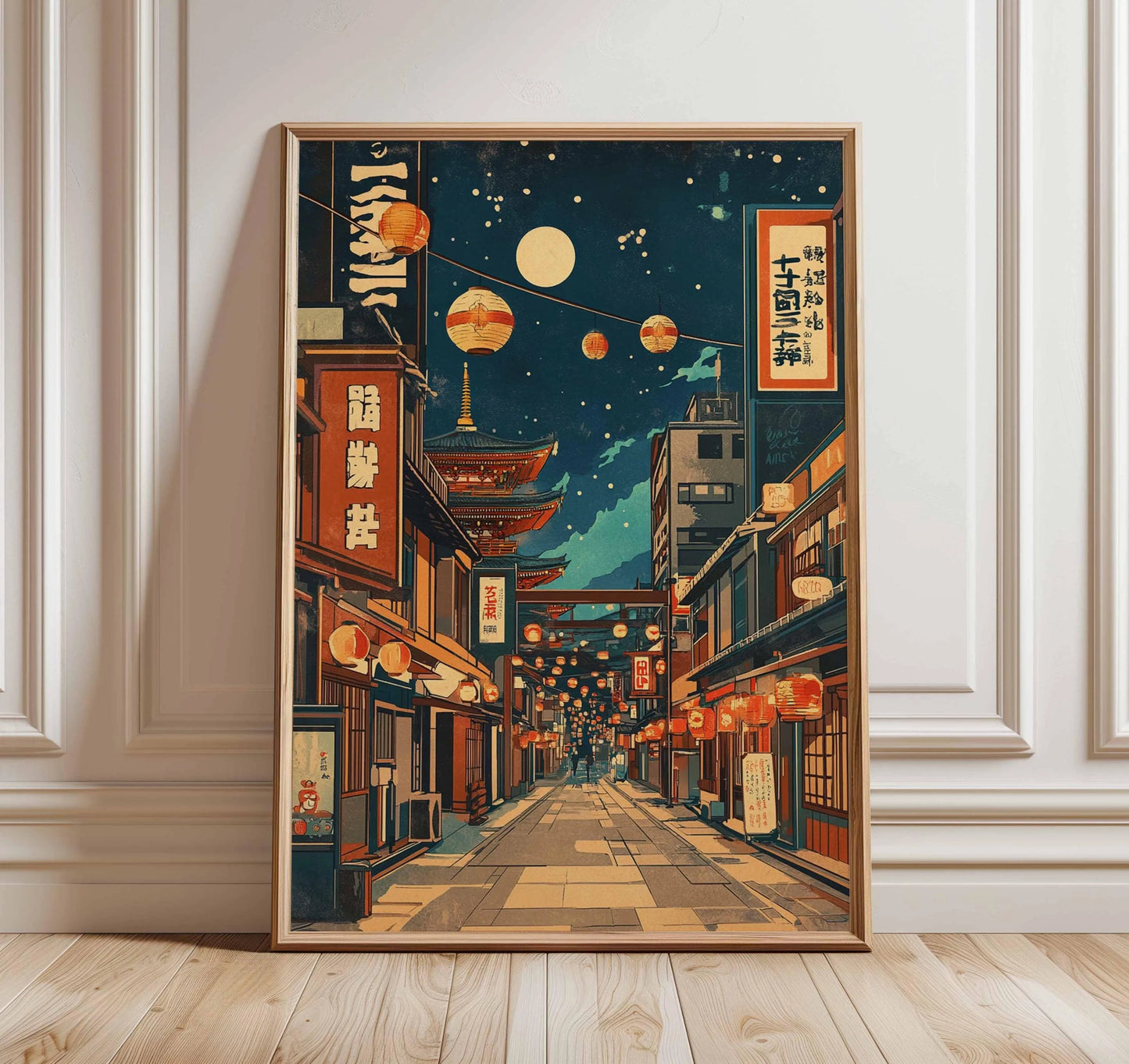 Framed artwork of a Japanese street scene with lanterns and traditional architecture on a wall.
