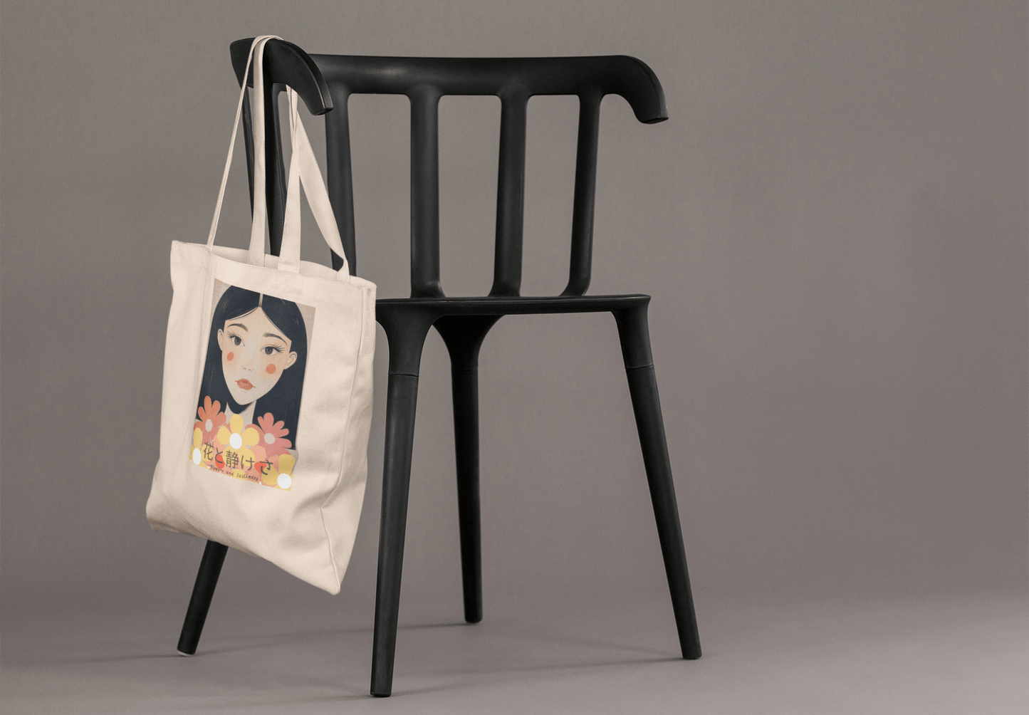 Flowers & Stillness Tote Bag – Japanese Portrait Eco Canvas Shopper – Artistic Floral Carryall Gift