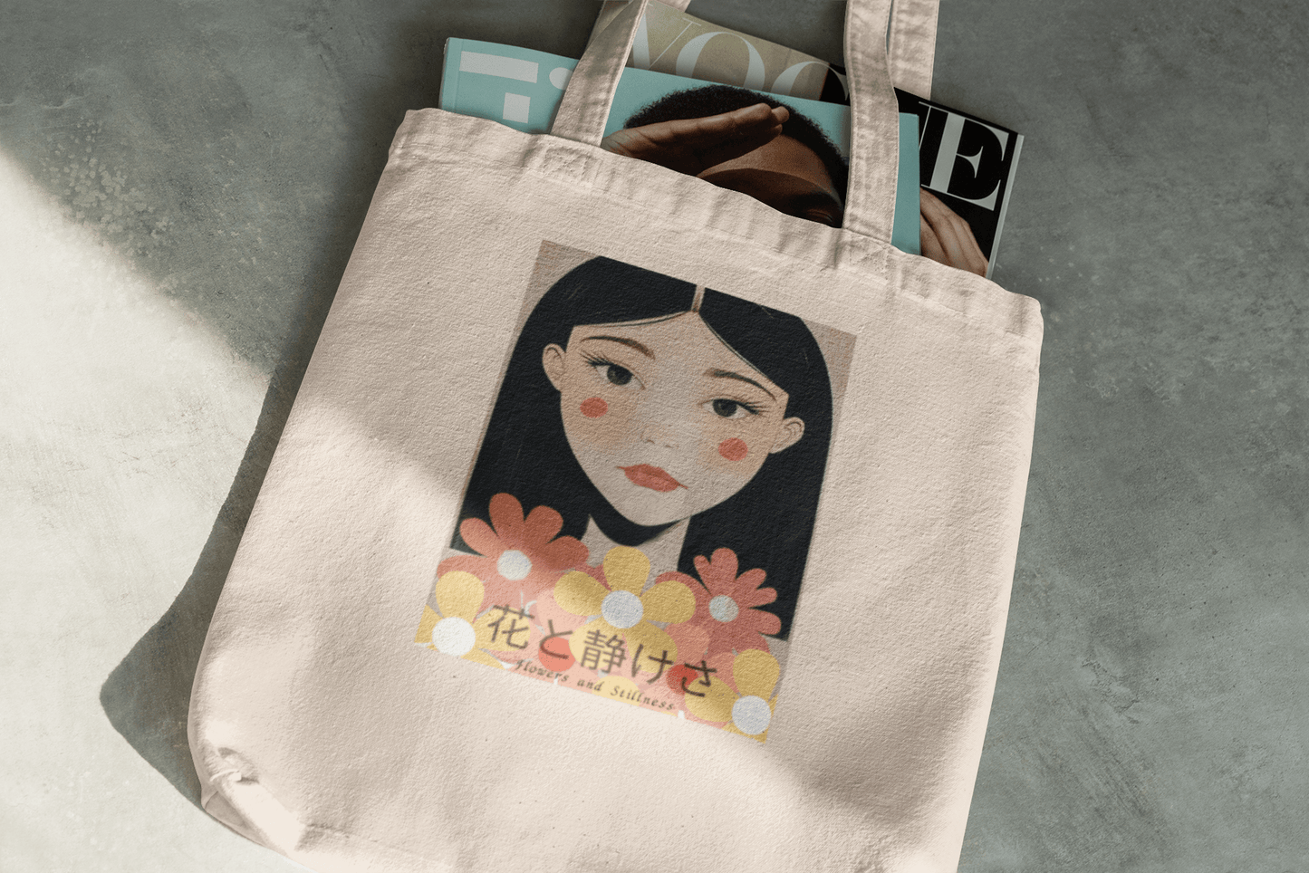 Flowers & Stillness Tote Bag – Japanese Portrait Eco Canvas Shopper – Artistic Floral Carryall Gift