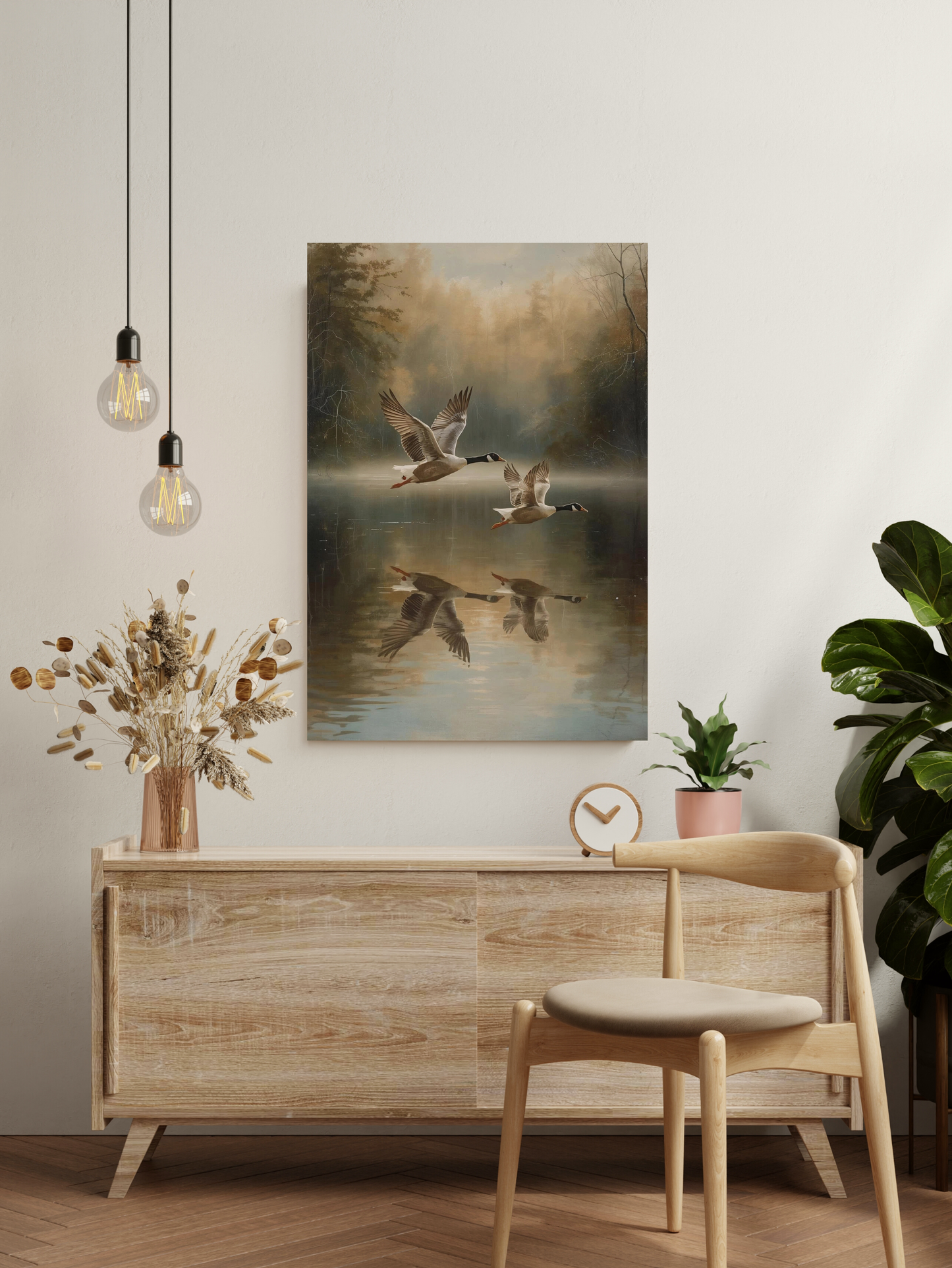scandinavian living room with geese lake wall art and neutral decor