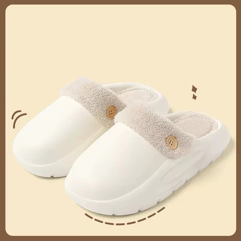 Pair of white slippers with beige fur lining on a beige background