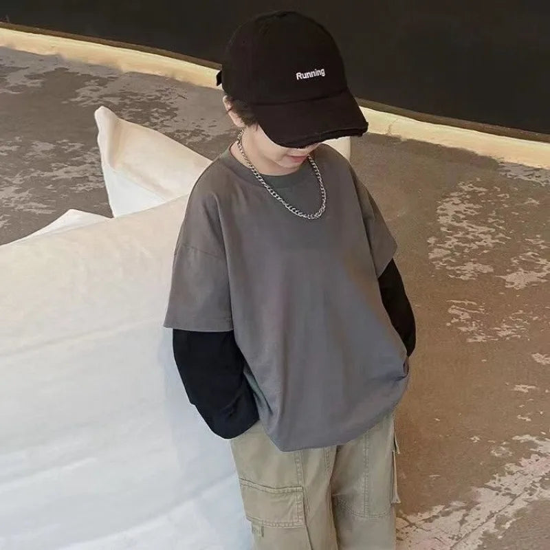 Two-piece boys’  long sleeve cotton T-shirts in grey or black