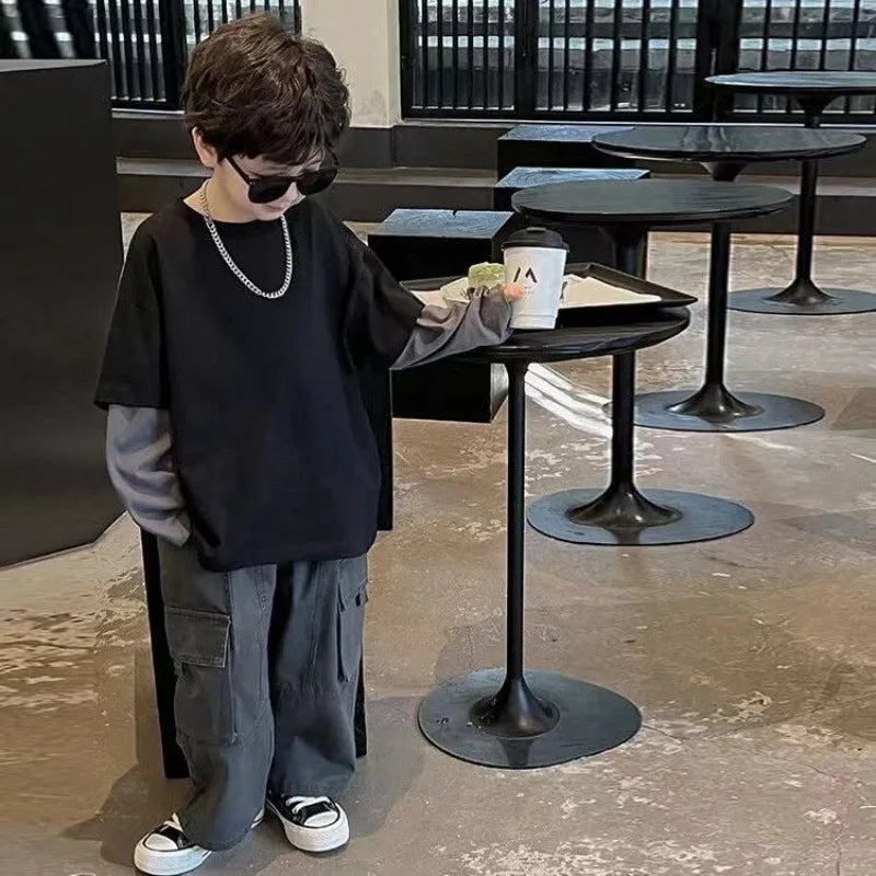 Two-piece boys’  long sleeve cotton T-shirts in grey or black