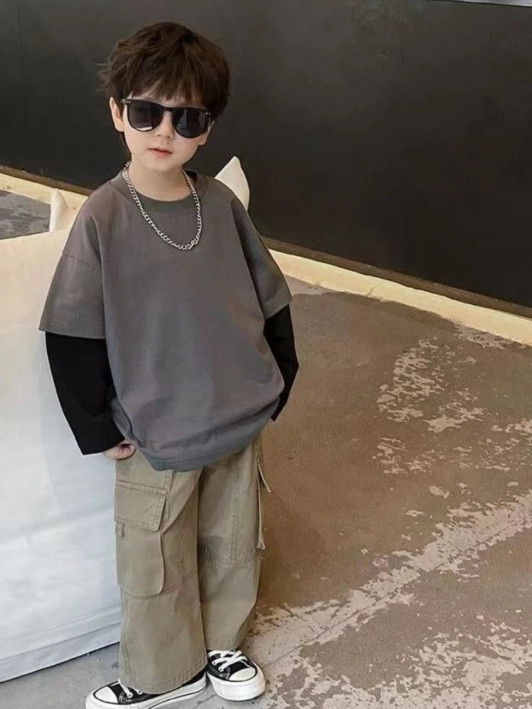 Two-piece boys’  long sleeve cotton T-shirts in grey or black