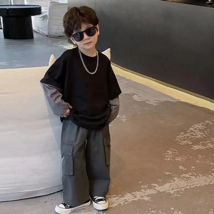 Two-piece boys’  long sleeve cotton T-shirts in grey or black