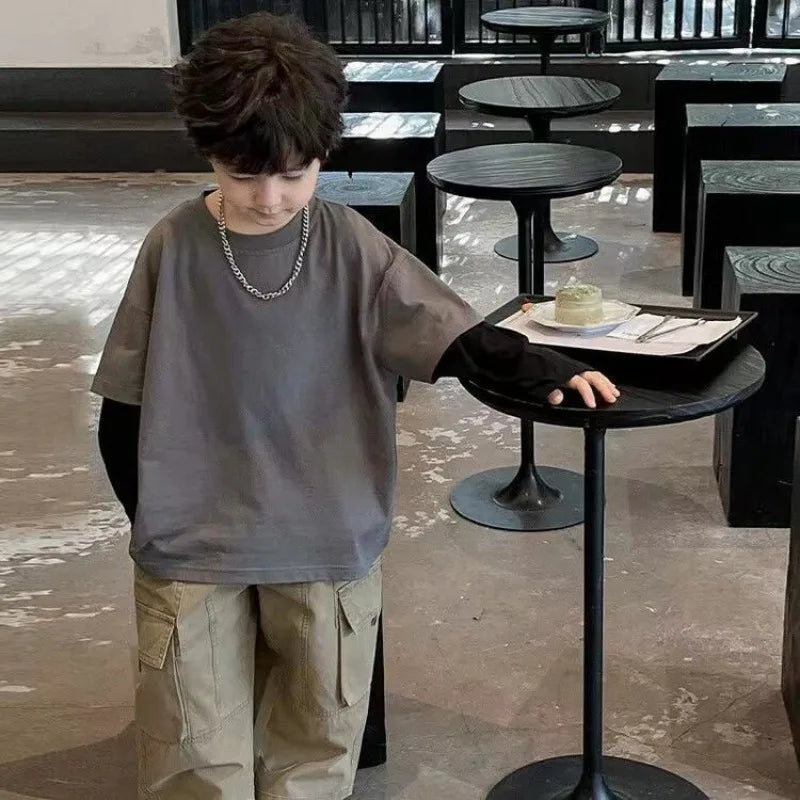 Two-piece boys’  long sleeve cotton T-shirts in grey or black