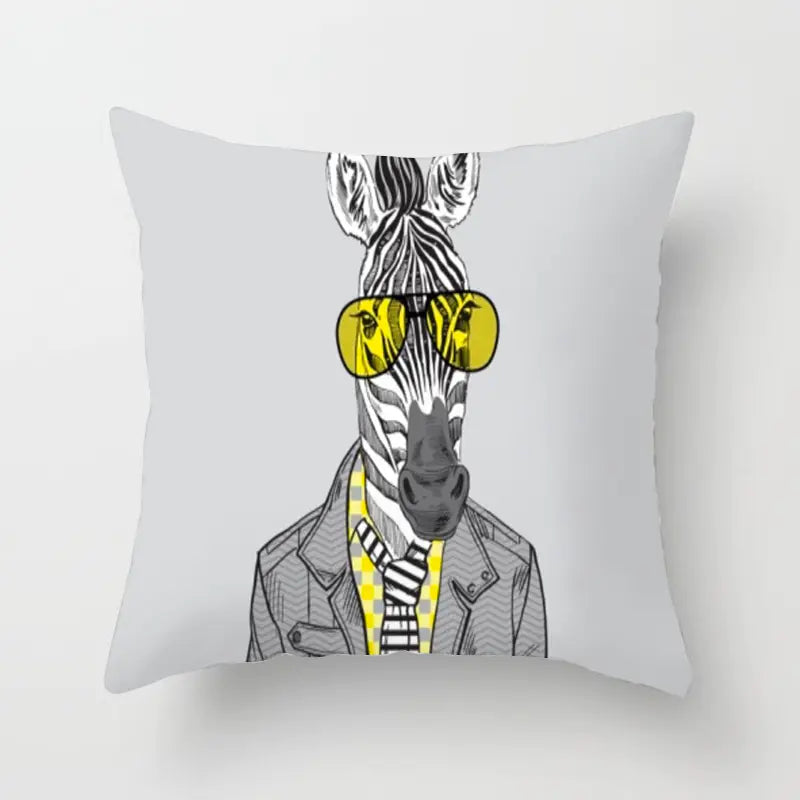 Pillow with a zebra design wearing sunglasses and a jacket on a white background