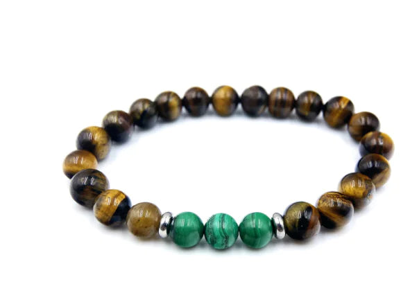 Beaded bracelet with tiger eye and green beads on a white background