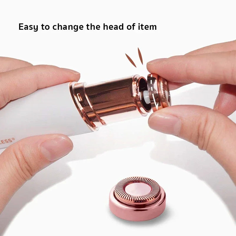 Hands demonstrating how to change the head of a white and rose gold device.