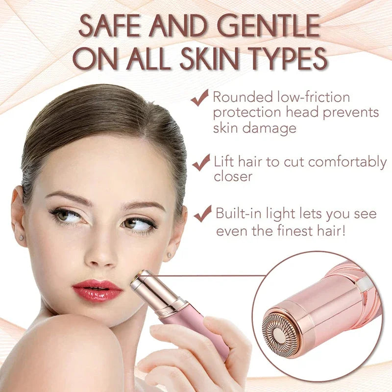 Woman using a hair removal device with text highlighting its features on a beige background