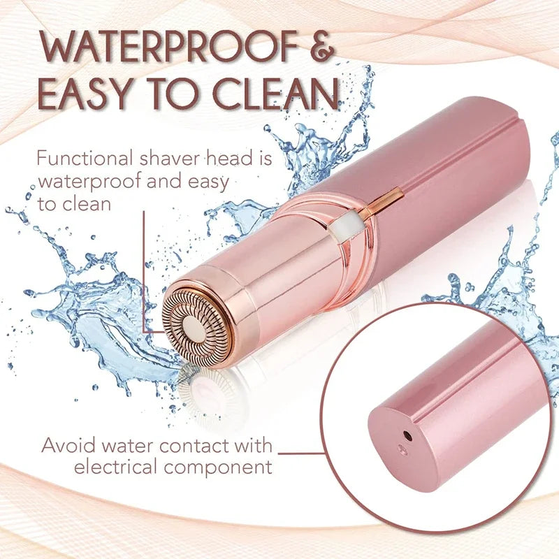 Rose gold shaver head with water splashes and text highlighting waterproof and easy-to-clean features.