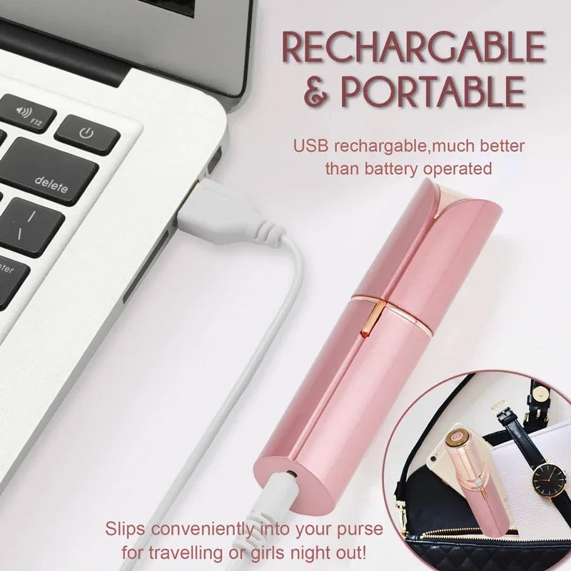 Pink rechargeable device next to a laptop with text highlighting its portability and rechargeability.