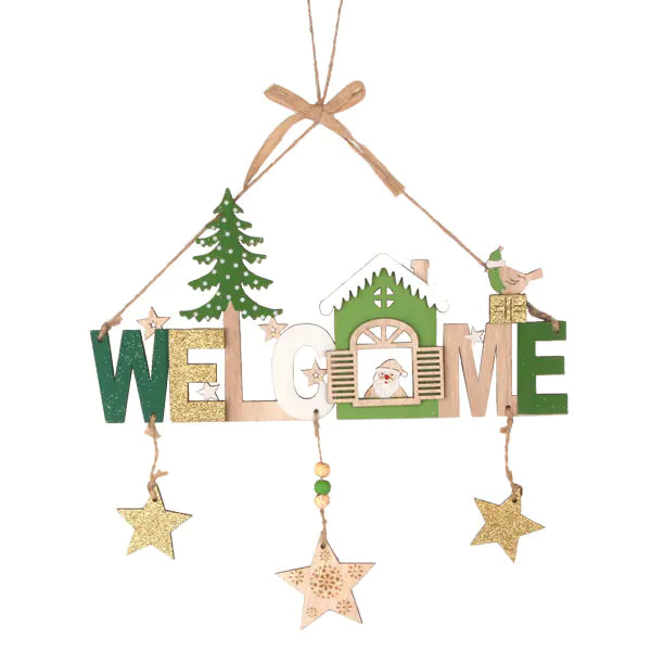 Wooden Christmas Welcome Sign featuring Santa, Snowman, and Elk festive door hanging decorations
