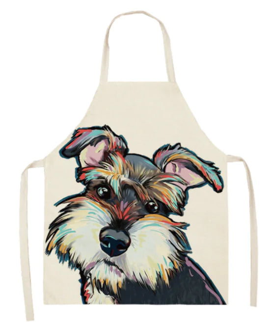 Apron with a colorful dog illustration on a white background