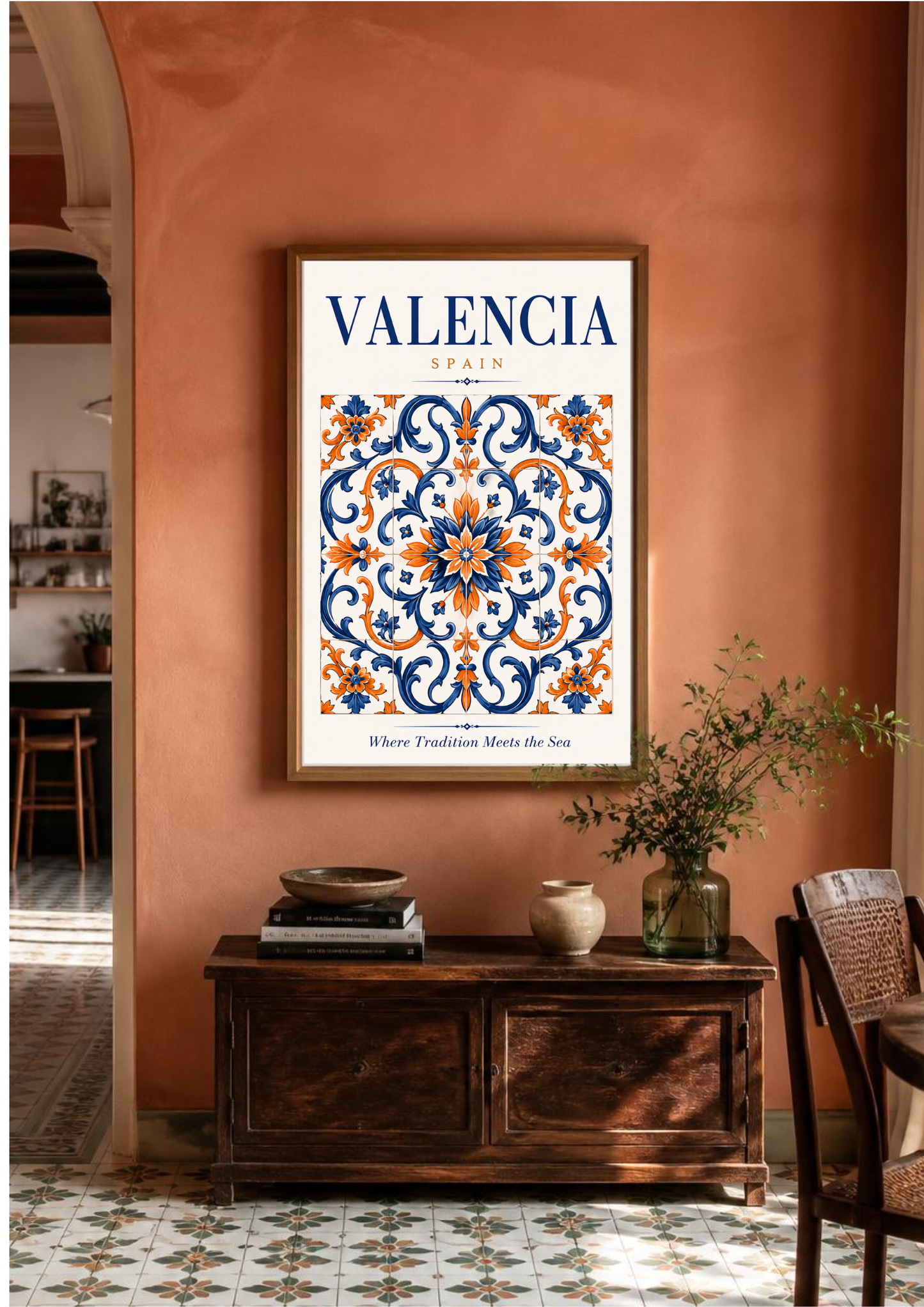 Valencia Spain wall art featuring a blue and orange Spanish tile design displayed in a warm terracotta Mediterranean interior.
