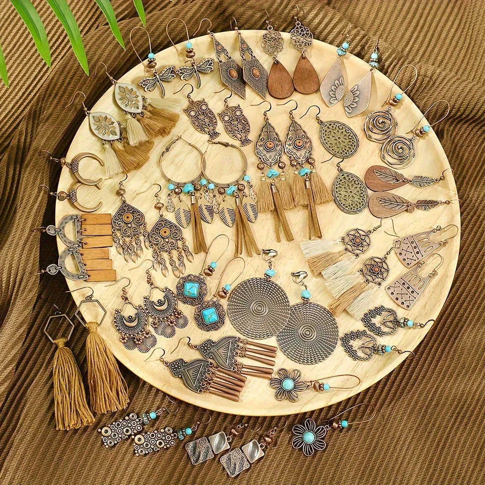 Vintage Boho Drop Earrings – ethnic geometric bronze and turquoise designs for women by DArtano.