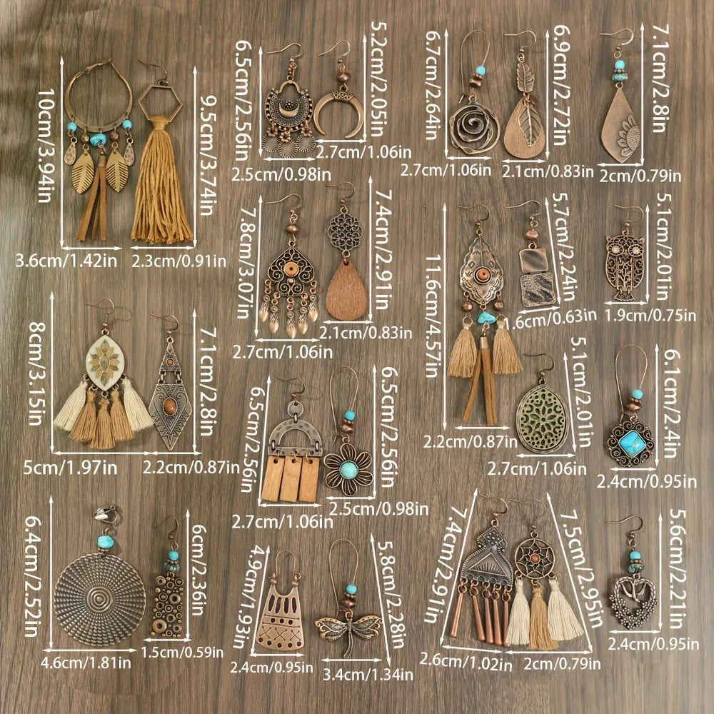 Vintage Boho Drop Earrings – ethnic geometric bronze and turquoise designs for women by DArtano.  Size Guide