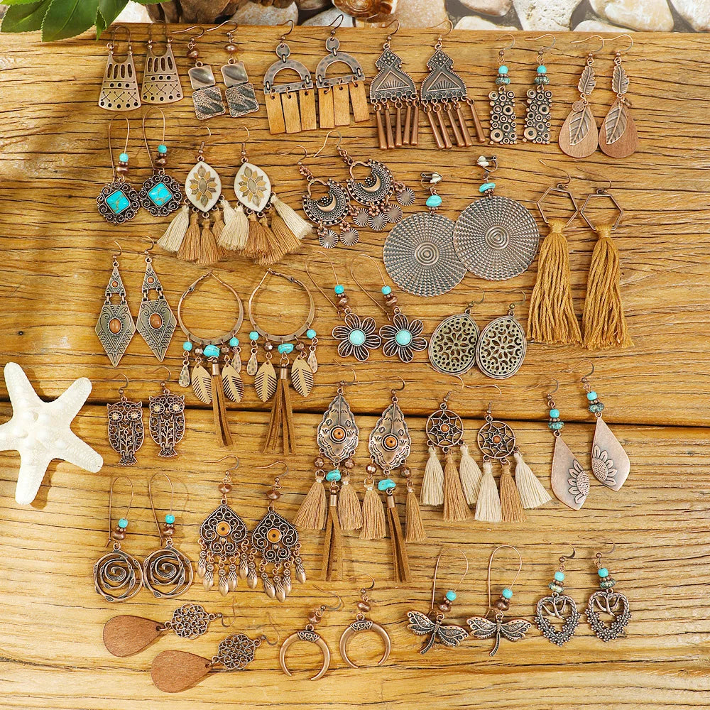 Collection of V\intage Boho Drop Earrings – ethnic geometric bronze and turquoise designs for women by DArtano.