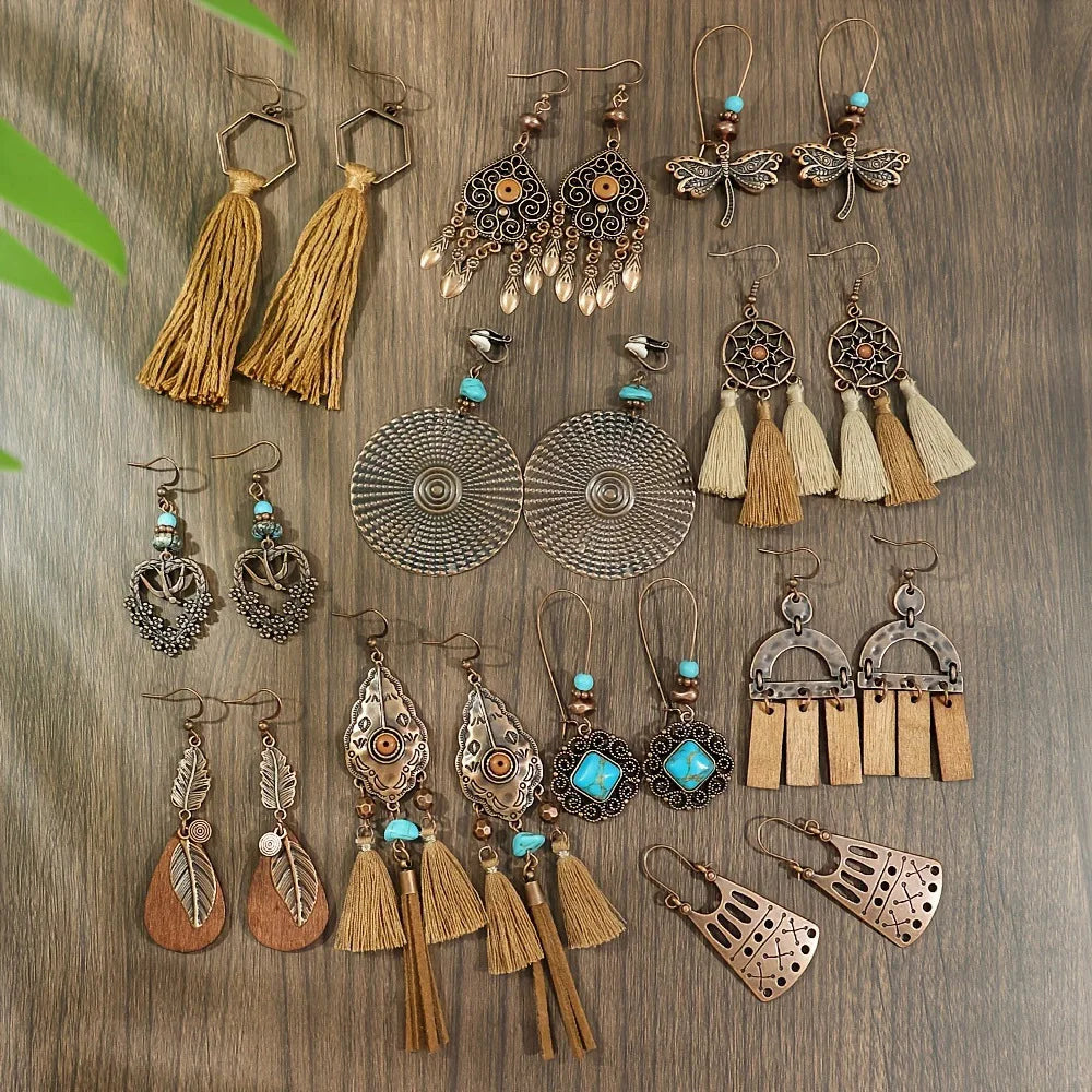 Various Boho Drop Earrings – ethnic geometric bronze and turquoise designs for women by DArtano.