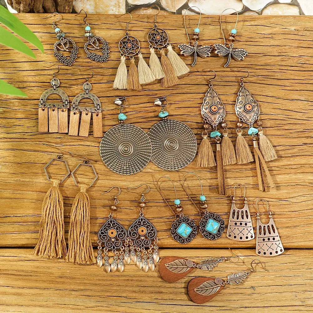 Vintage Boho Drop Earrings – ethnic geometric bronze and turquoise designs for women by DArtano.
