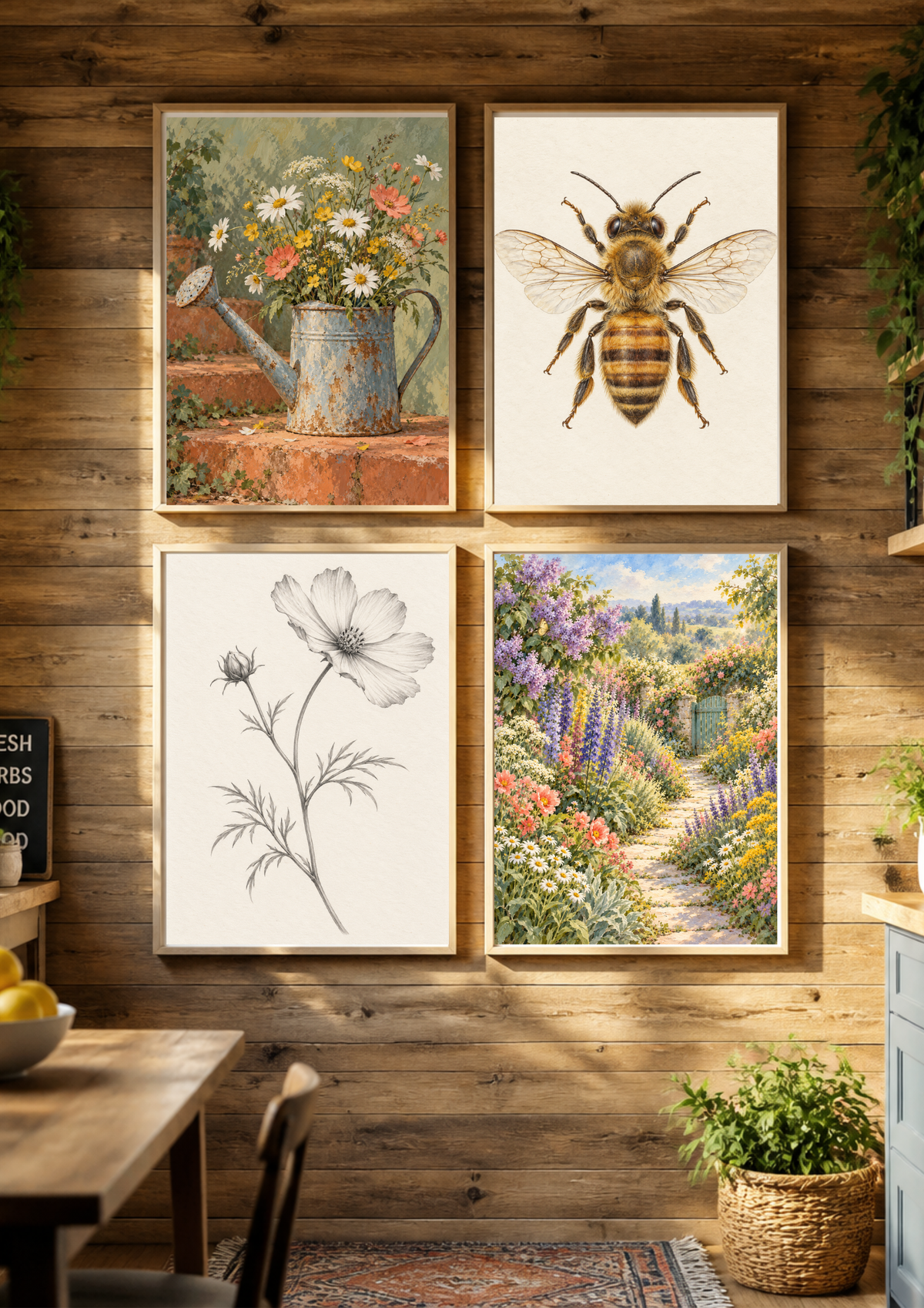 Four framed botanical and nature art prints arranged in a 2x2 grid on a rustic wood-paneled wall. The prints depict a watering can with daisies, a detailed bee, a black-and-white flower sketch, and a colorful garden path.