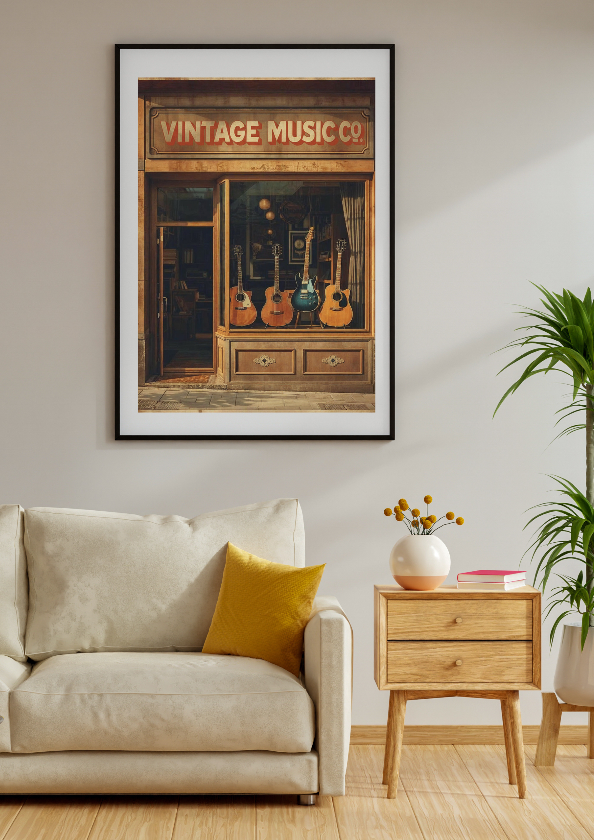 Framed artwork of a vintage music store with guitars on a wall above a sofa.