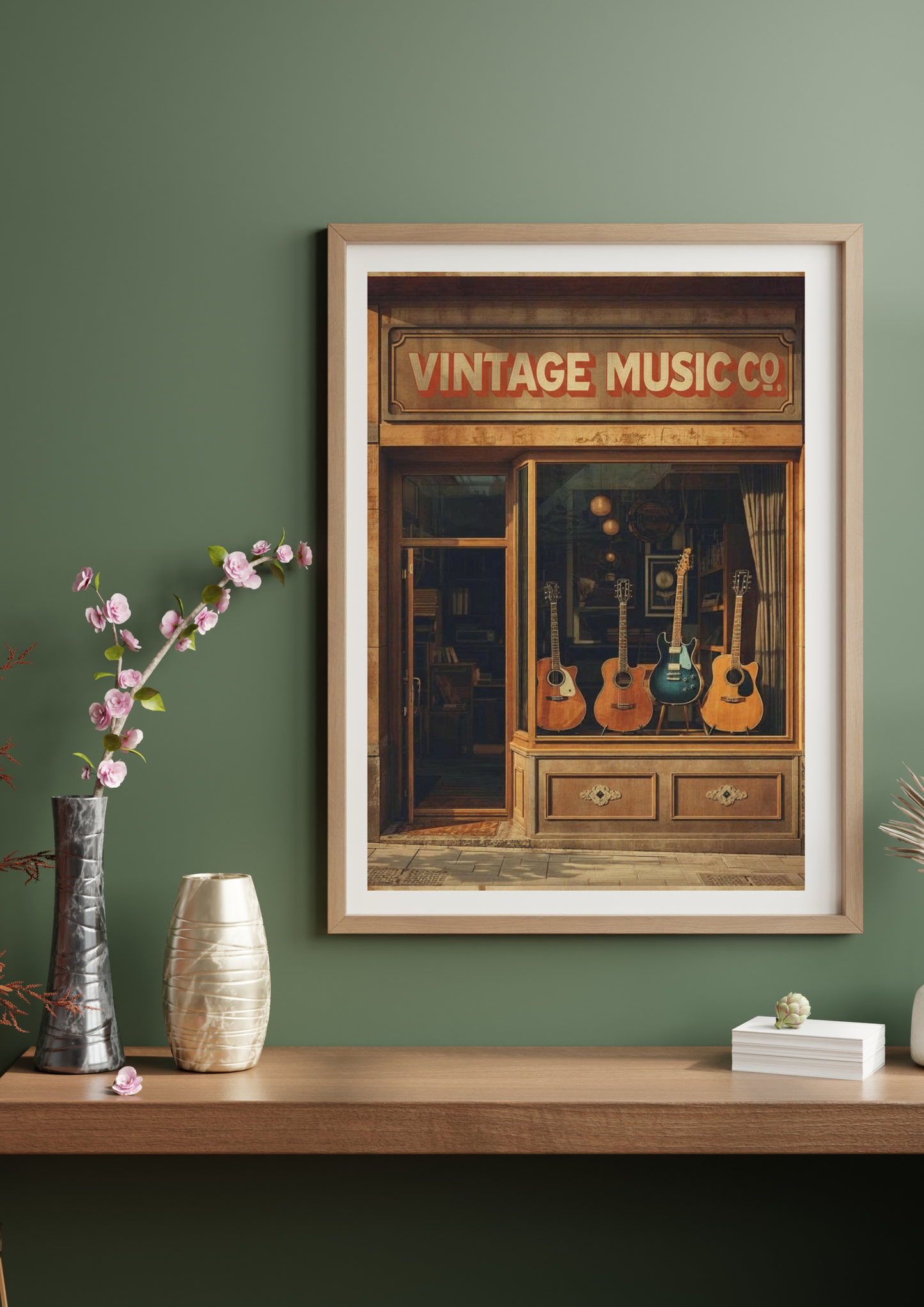 Framed print of a vintage music store on a wall with decorative vases and books below.