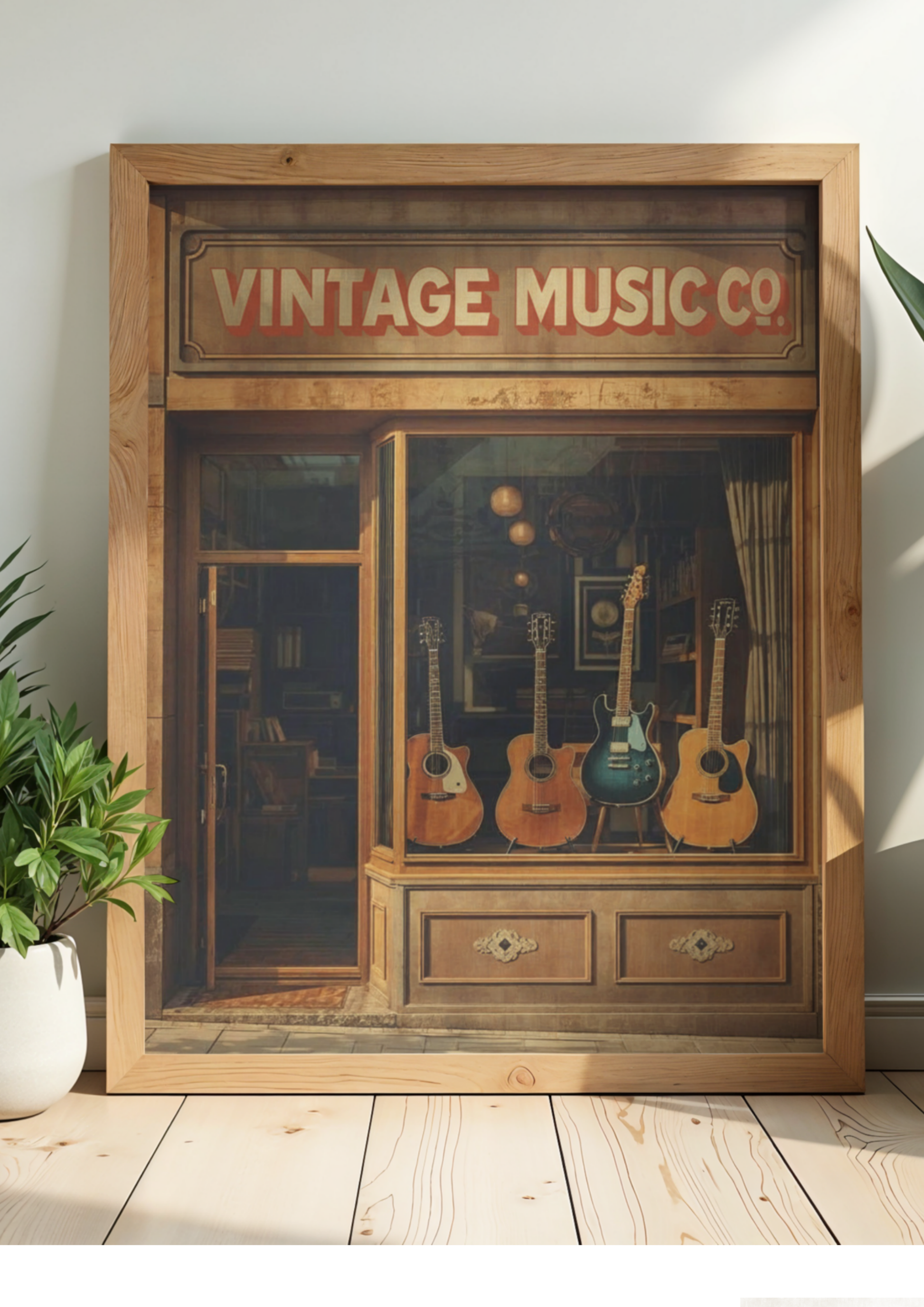 Framed vintage-style poster of a music store with guitars, labeled 'Vintage Music Co'.