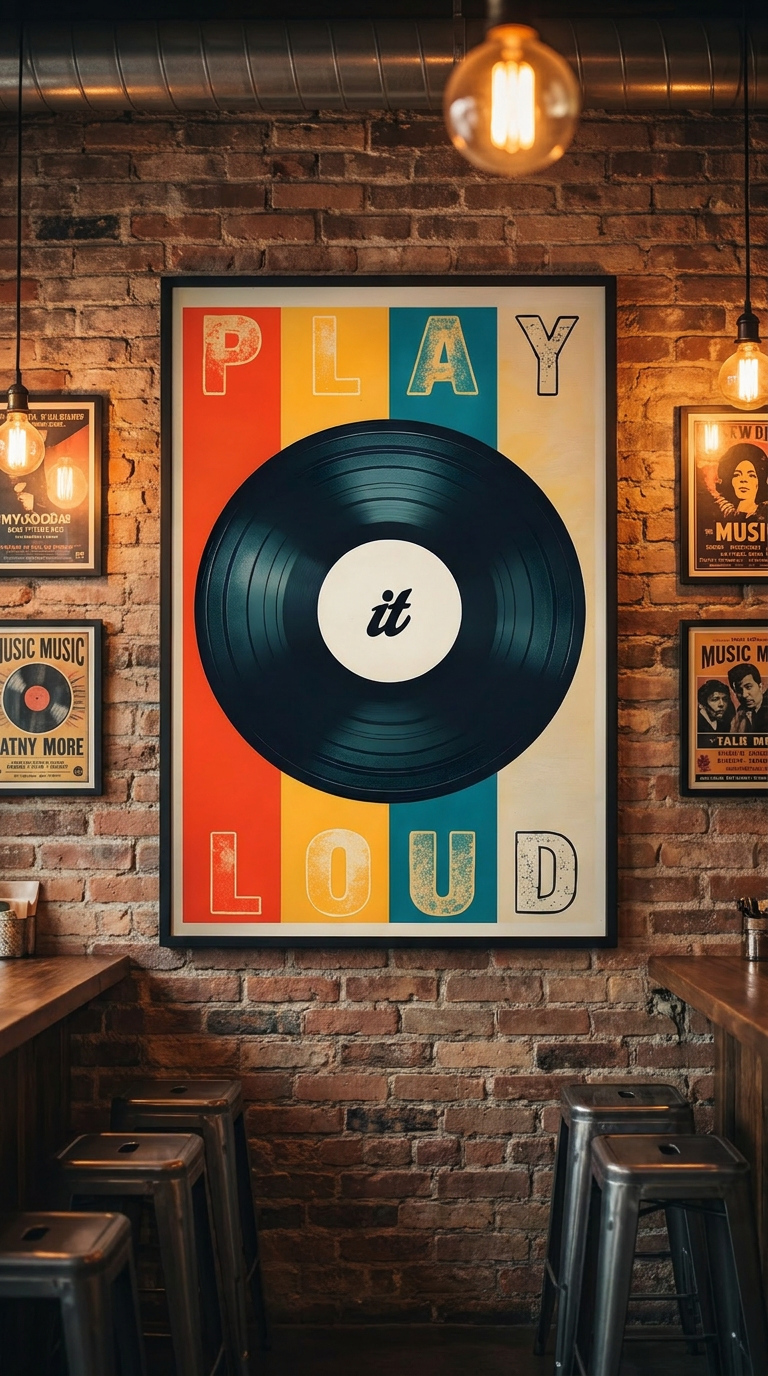 Colorful vinyl record poster with 'Play It Loud' text on a brick wall.