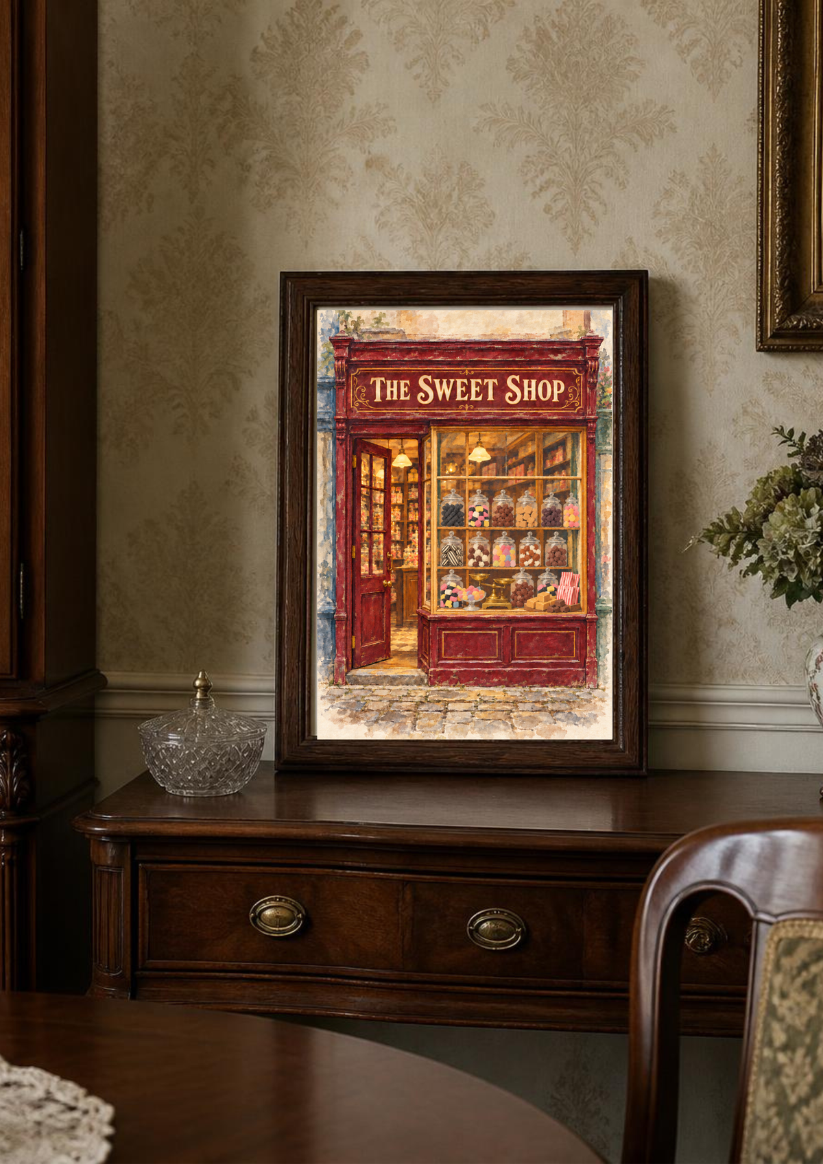 A framed art print depicting 'The Sweet Shop' storefront in a warm, vintage style, displayed on a dark wood sideboard against a patterned wallpaper background.