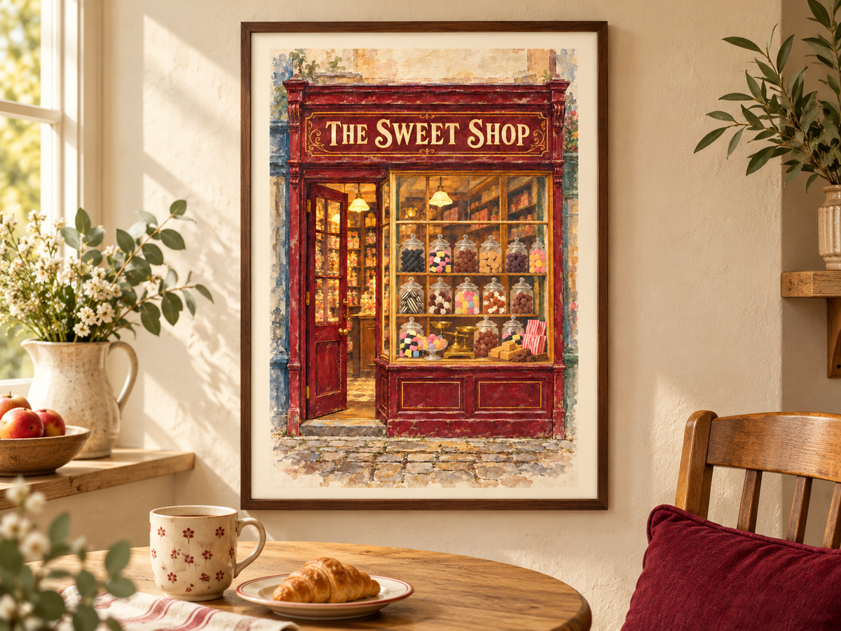 A framed art print depicting 'The Sweet Shop' with a red storefront and warm glowing windows, displayed on a beige wall in a cozy room setting with a table, mug, and croissant in the foreground.