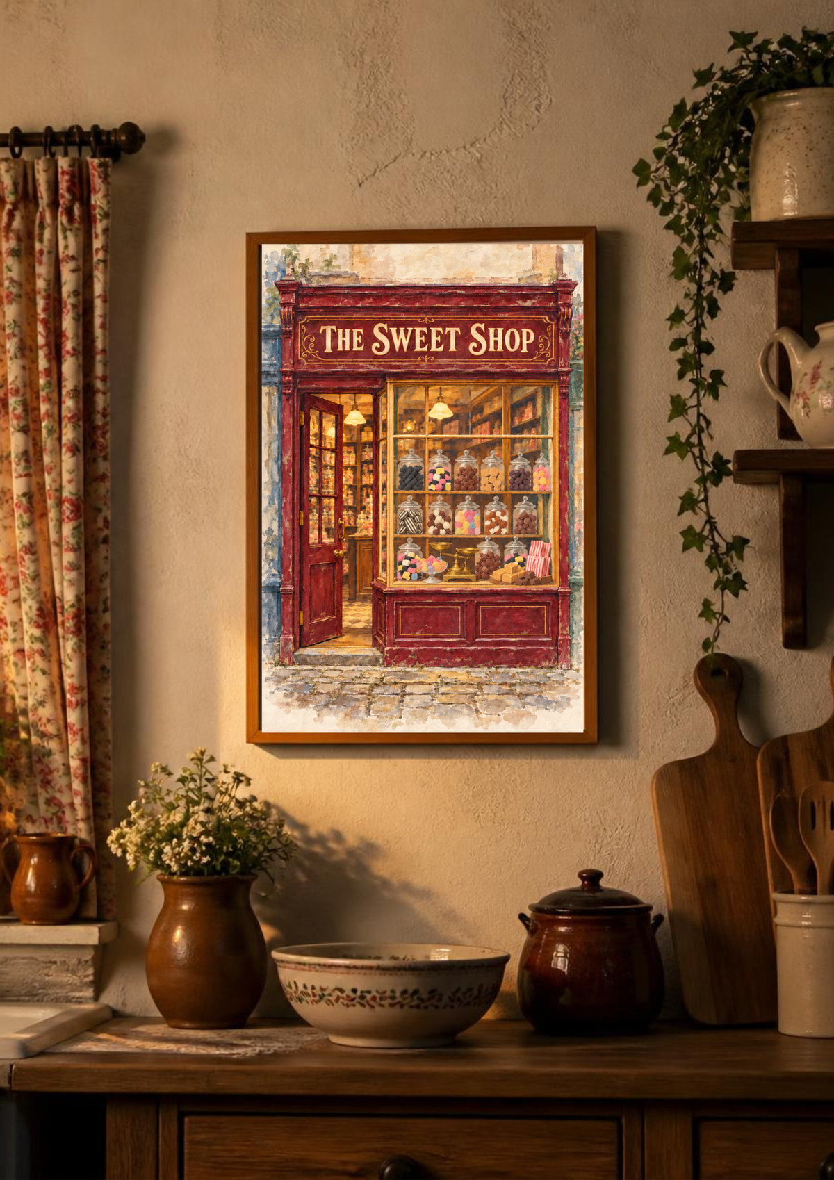 A framed art print depicting 'The Sweet Shop' storefront hangs on a textured beige wall above a wooden counter decorated with ceramic vases, a bowl, and kitchen utensils.