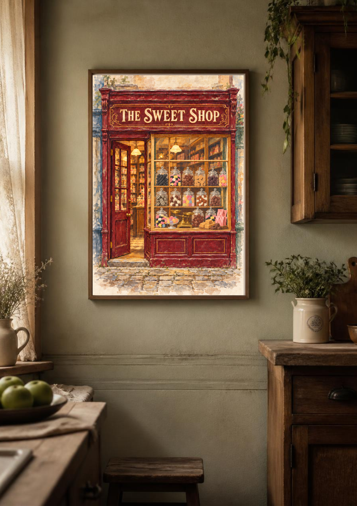 A framed art print depicting 'The Sweet Shop' storefront hangs on a sage green wall in a rustic kitchen setting with wooden cabinets, a table, and green apples.