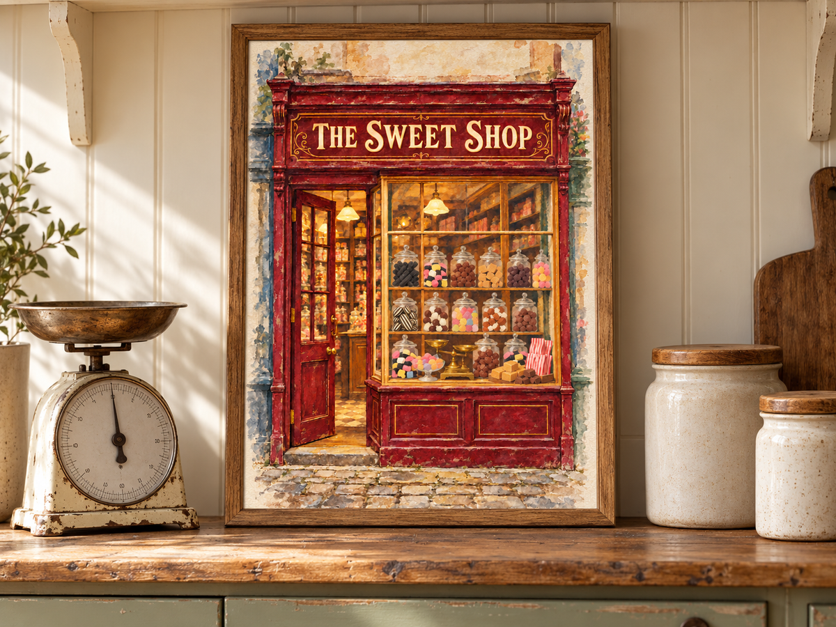 A framed art print depicting a vintage candy shop storefront labeled 'The Sweet Shop' is displayed on a rustic wooden counter in a kitchen setting, surrounded by a scale, jars, and cutting boards.